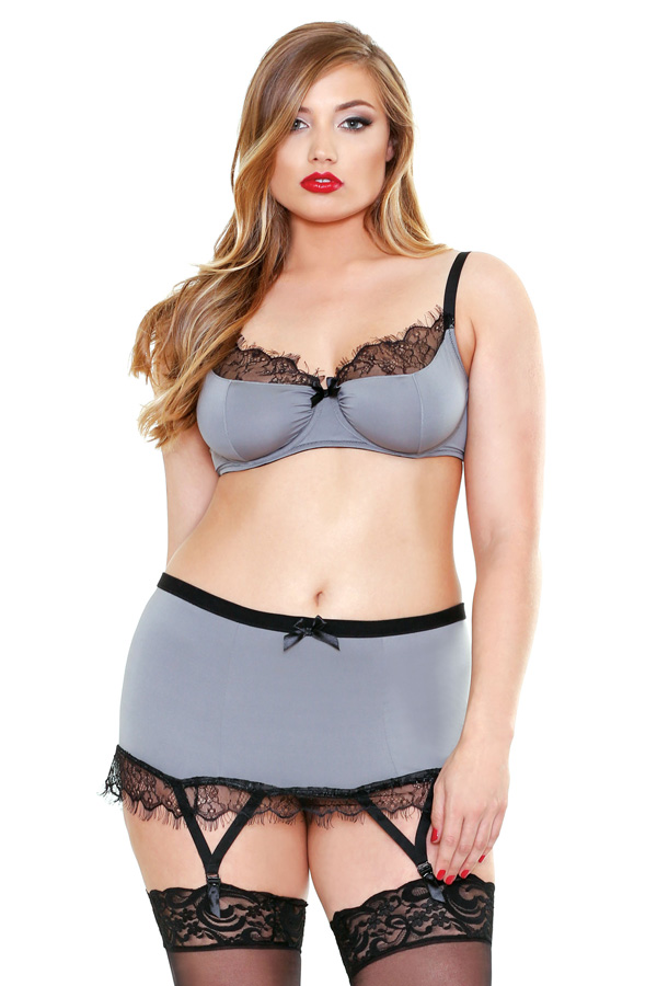 Eyelash Lace Trim Bra Set with Garter Skirt & G-String